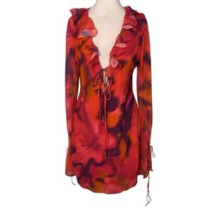 NWT Showpo Red & Purple Size 10 Ruffle Lace-Up Alesya Long Sleeve Mini Dress